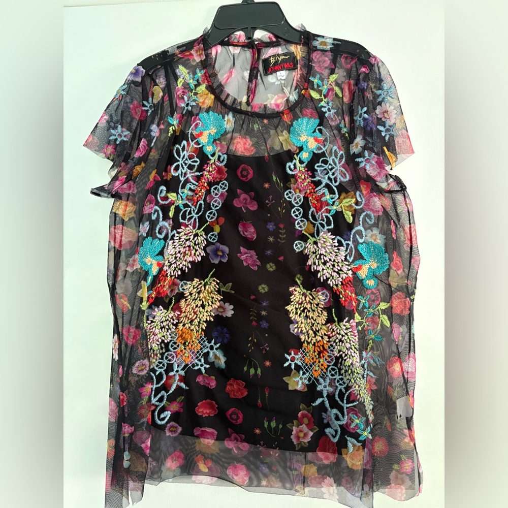 Johnny Was - Floral Embroidered Sheer Black Top